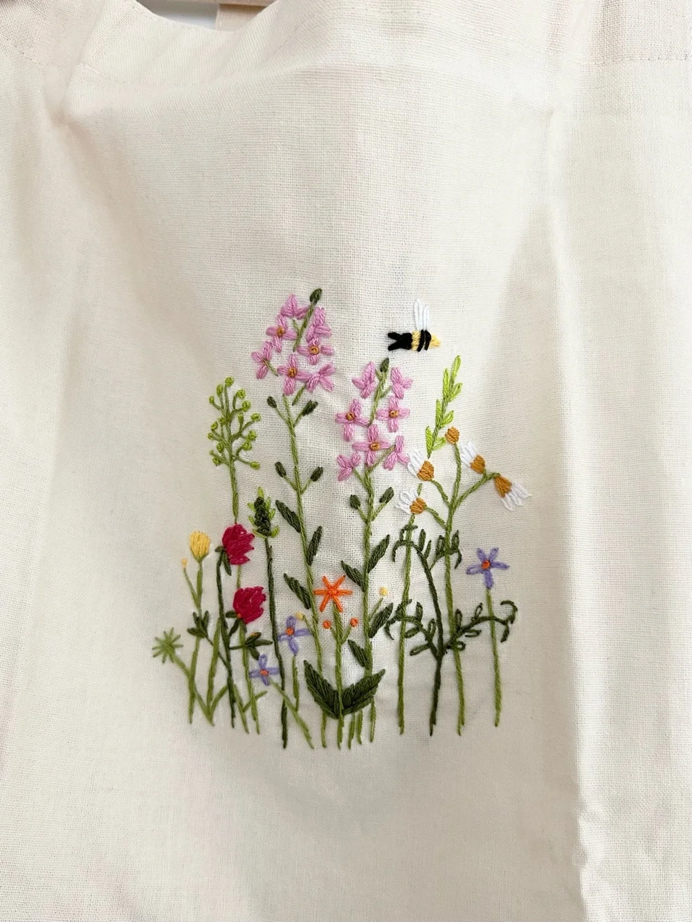 Floral Hand-Embroidered Cream Apron Wildflower Garden / Bee Motif - Gifts